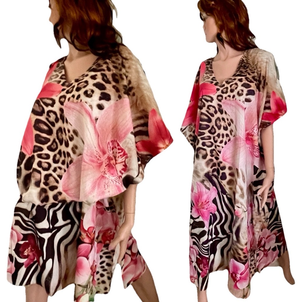 GYPSIE BLU NWT Leopard ZEBRA and TROPICAL FLORAL Digital Print CAFTAN Dress O/S